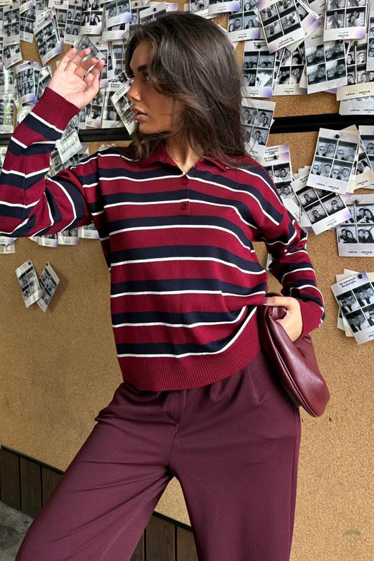 MDX Burgundy Striped Polo Neck Buttoned Women's Sweater MG2561 - Brindisi