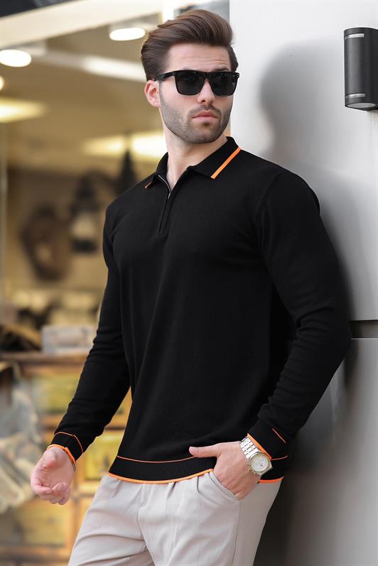 MDX Black Zippered Polo Collar Sweater with Striped Detail Long Sleeves 7267 - Kokomo