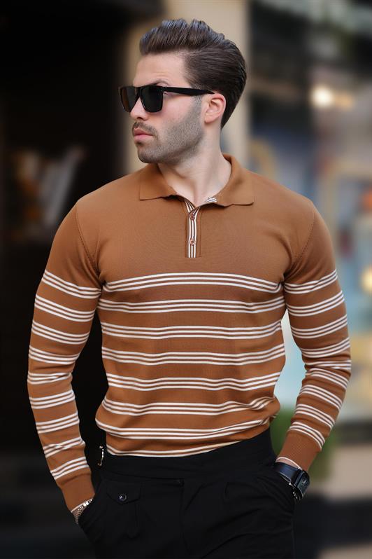MDX Brown Buttoned Polo Collar Striped Long Sleeve Sweater 7270 - Santarém