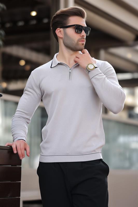 MDX Gray Zippered Polo Collar Sweater with Line Detail Long Sleeve 7267 - Bordeaux