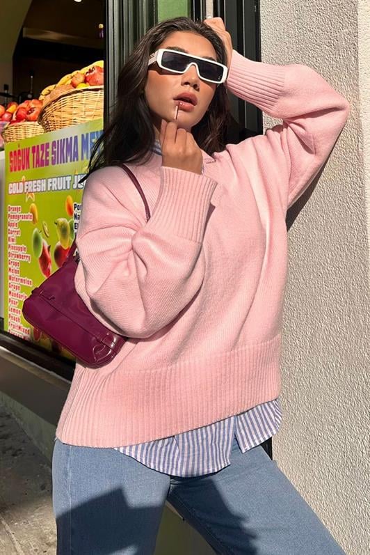 MDX Pink V-Neck Oversized Women's Sweater MG2149 - Citrus Heights