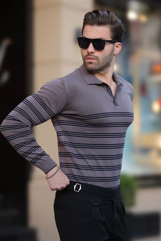 MDX Gray Buttoned Polo Collar Striped Long Sleeve Sweater 7270 - Palm Beach Gardens