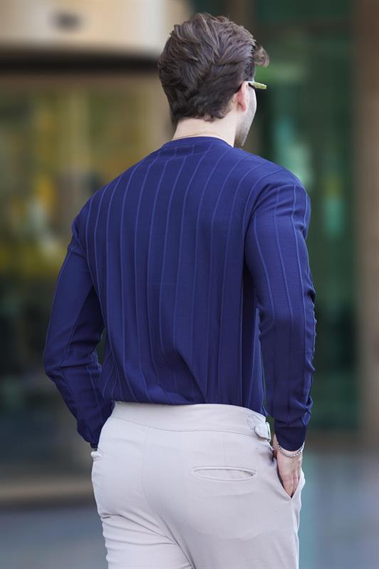 MDX Navy Blue Striped Long Sleeve Sweater with Bicycle Neckline 7244 - Sunderland