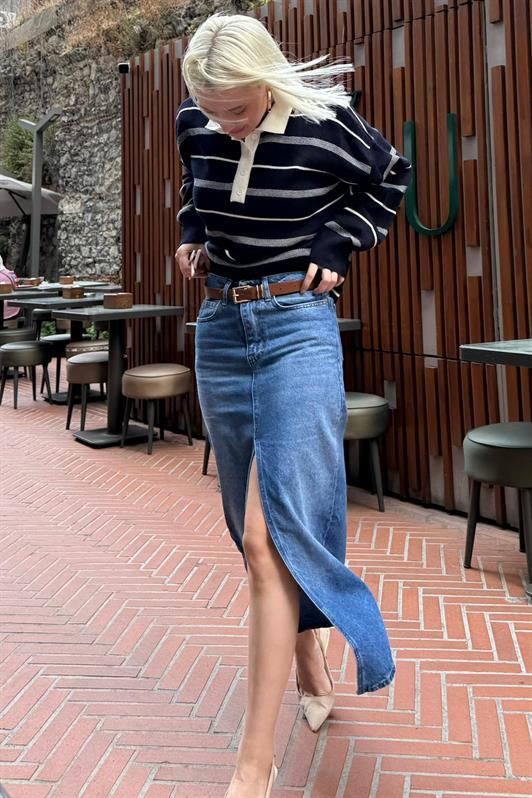 MDX Lacivert Çizgili Polo Yaka Kadın Kazak Mg2476 - Ixtapaluca