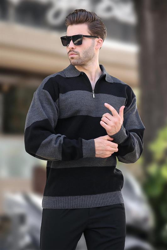 MDX Anthracite Zip Neck Color Block Long Sleeve Sweater 7280 - Paisley