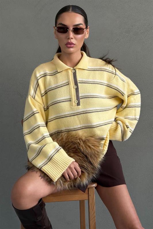 MDX Madmext Yellow Striped Buttoned Polo Neck Sweater Mg2357 - Manacor