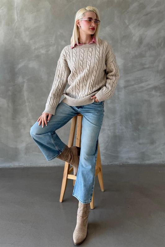 MDX Beige Fisherman Collar Braided Knit Sweater Mg2336 - Polatsk