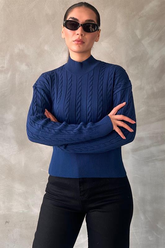 MDX Indigo Half Fisherman Collar Braided Knit Women's Sweater MG2257 - Bay City