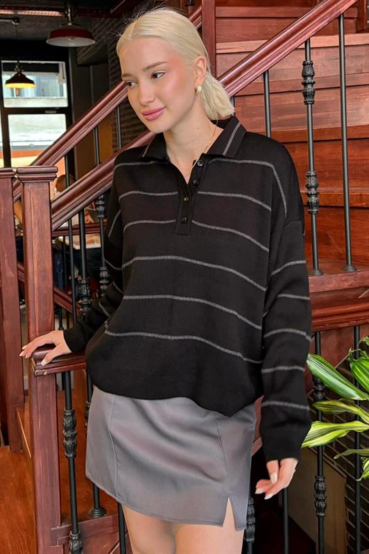 MDX Siyah Çizgili Polo Yaka Kadın Triko Kazak MG2470 - Central Islip