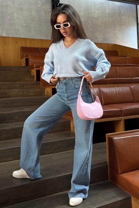 MDX Bebe Mavisi V Yaka Oversize Kadın Triko Kazak MG2149 - Lausanne