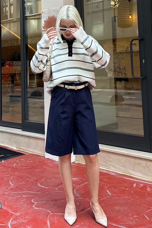 MDX Kemik Rengi Çizgili Polo Yaka Kadın Kazak Mg2476 - Atascocita