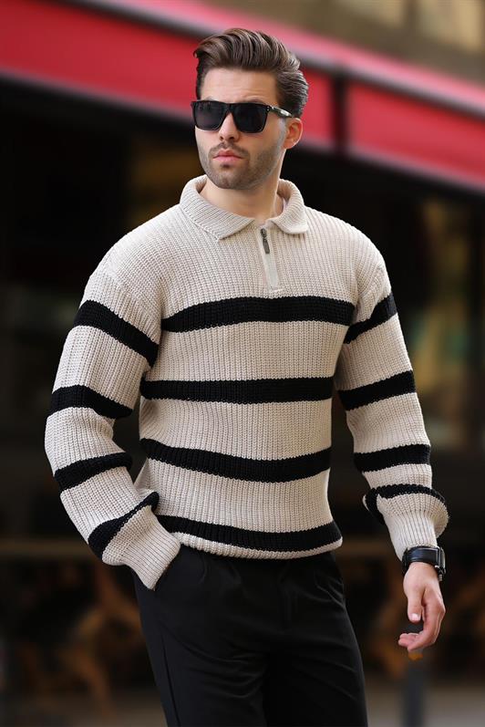 MDX Beige Zippered Polo Collar Striped Long Sleeve Sweater 7283 - Vannes