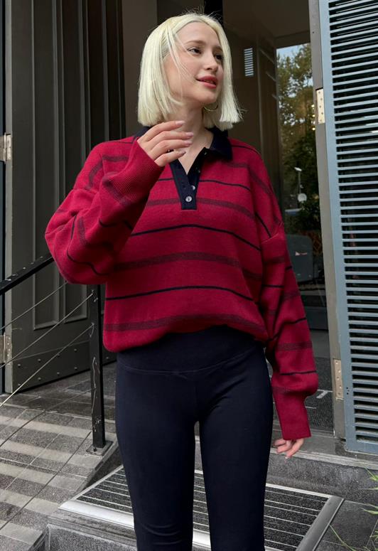 MDX Bordo Çizgili Polo Yaka Kadın Kazak Mg2476 - Swindon