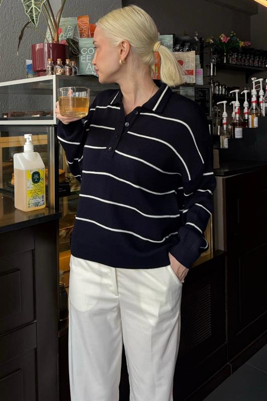 MDX Lacivert Çizgili Polo Yaka Kadın Triko Kazak MG2470 - Fedosiia