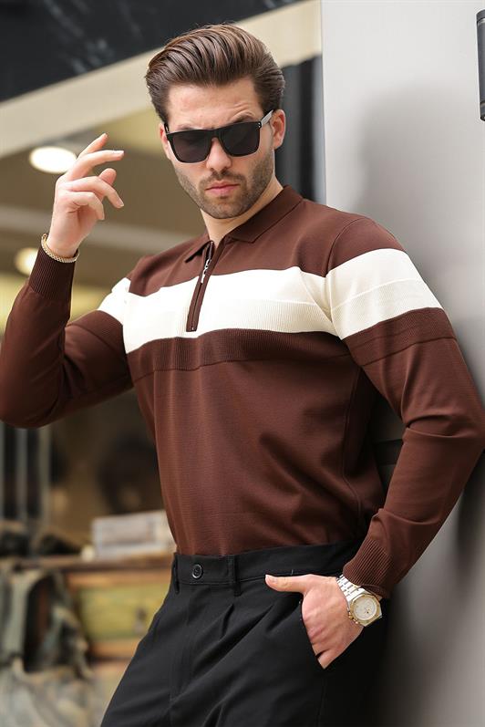 MDX Brown Zippered Polo Neck Striped Long Sleeve Sweater E7288 - Lebanon