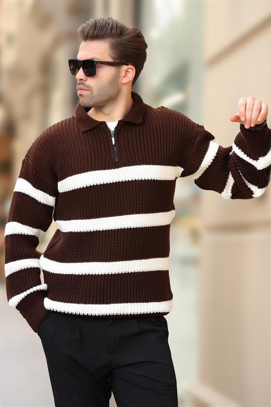 MDX Brown Zippered Polo Collar Striped Long Sleeve Sweater 7283 - Civitanova Marche