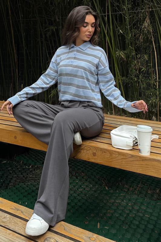 MDX Mavi Çizgili Polo Yaka Düğmeli Kadın Kazak MG2561 - Azuqueca de Henares