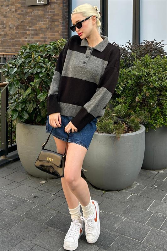 MDX Anthracite Buttoned Polo Neck Striped Women's Sweater Mg2286 - Merano