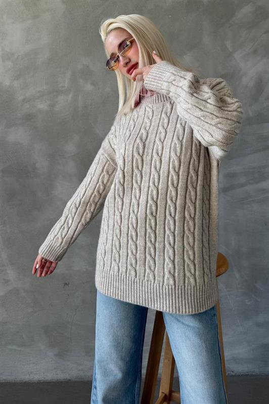 MDX Beige Fisherman Collar Braided Knit Sweater Mg2336 - Polatsk