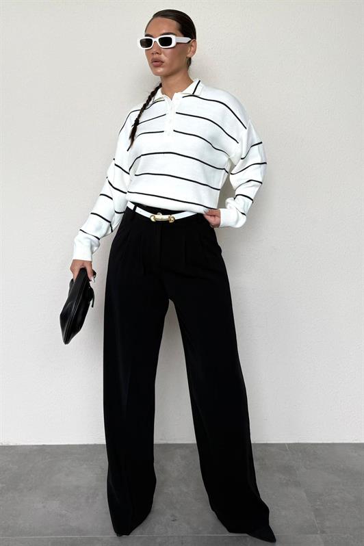 MDX Kemik Rengi Çizgili Polo Yaka Kadın Triko Kazak MG2470 - Maricopa