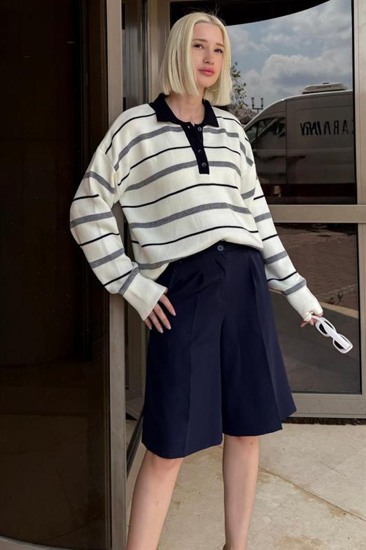 MDX Kemik Rengi Çizgili Polo Yaka Kadın Kazak Mg2476 - Atascocita