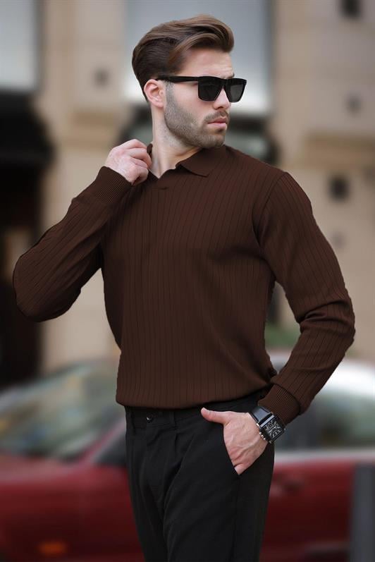 MDX Painful Brown Polo Neck Striped Long Sleeve Sweater 7239 - Düren