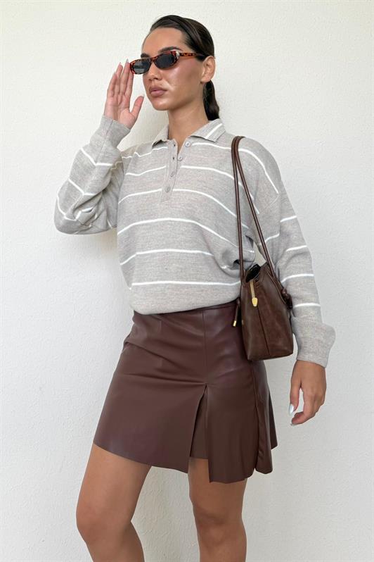 MDX Bej Çizgili Polo Yaka Kadın Triko Kazak MG2470 - Noisy-le-Sec