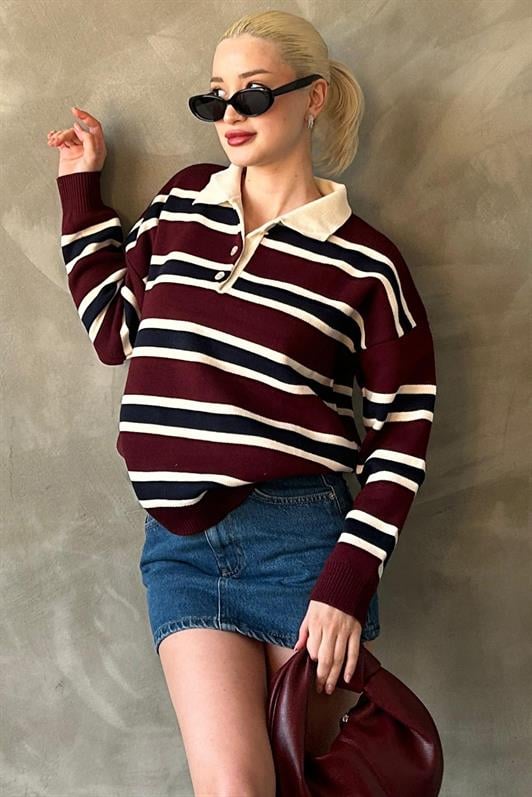 MDX Burgundy Striped Buttoned Polo Neck Women's Sweater MG2280 - Long Eaton