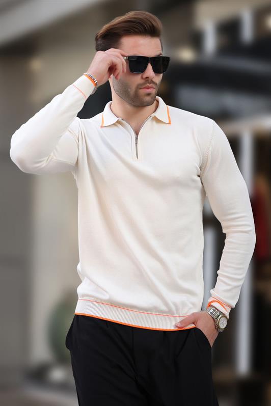 MDX White Zippered Polo Collar Sweater with Stripe Detail Long Sleeve 7267 - Avezzano