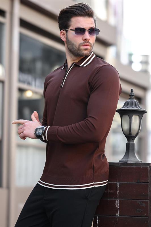 MDX Brown Zip Neckline Striped Detail Men's Sweater E7290 - Altamura
