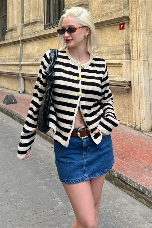 MDX Beige Striped Bicycle Collar Gold Button Detailed Cotton Cardigan MG1605 - Salaberry-de-Valleyfield