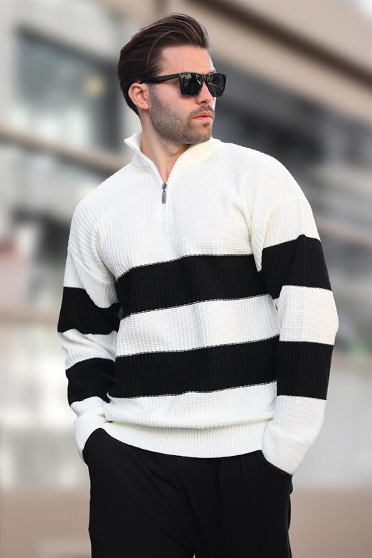 MDX Ecru Zip Neck Striped Men's Sweater E7272 - Eschweiler