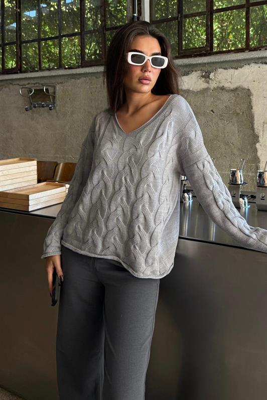 MDX Gri V Yaka Örgü Desen Oversize Kadın Kazak Mg2519 - Eltham