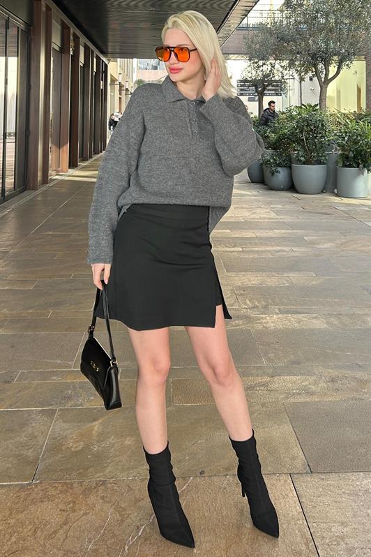 MDX Anthracite Buttoned Polo Neck Women's Sweater Mg2307 - Landgraaf
