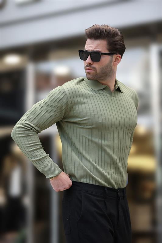MDX Haki Polo Neck Striped Long Sleeve Sweater 7239 - McLean