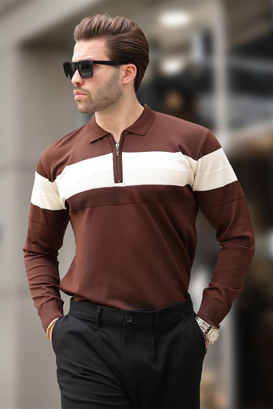 MDX Brown Zippered Polo Neck Striped Long Sleeve Sweater E7288 - Lebanon