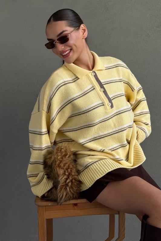 MDX Madmext Yellow Striped Buttoned Polo Neck Sweater Mg2357 - Manacor