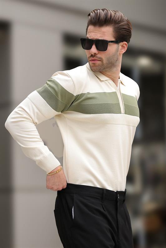 MDX Beige Zippered Polo Collar Striped Long Sleeve Sweater E7288 - Iormughanlo