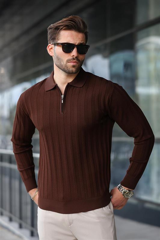 MDX Kahverengi Yarım Fermuarlı Polo Yaka Triko Kazak E7426 - Santa Cruz Xoxocotlán