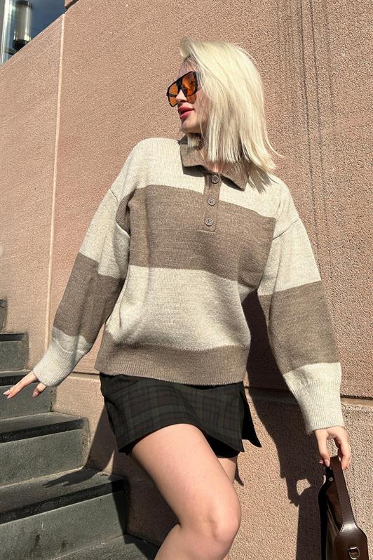 MDX Mink Buttoned Polo Neck Striped Women's Sweater Mg2286 - Homyel’