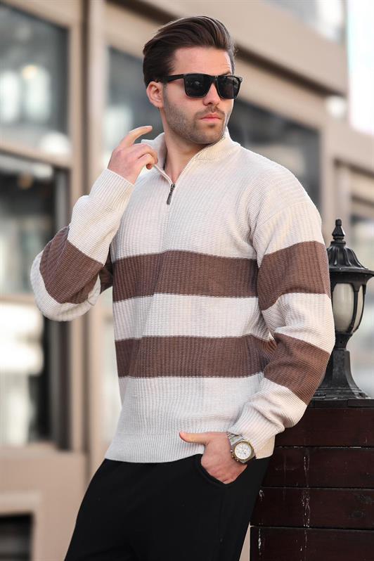 MDX Stone Color Zip Neck Striped Men's Sweater E7272 - Woerden