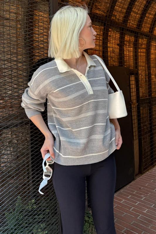 MDX Gri Çizgili Polo Yaka Kadın Kazak Mg2476 - Ludwigsburg