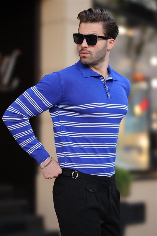 MDX Saks Buttoned Polo Neck Striped Long Sleeve Sweater 7270 - Guadalupe