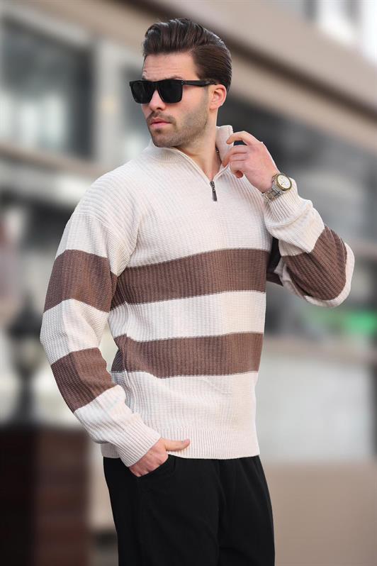 MDX Stone Color Zip Neck Striped Men's Sweater E7272 - Woerden