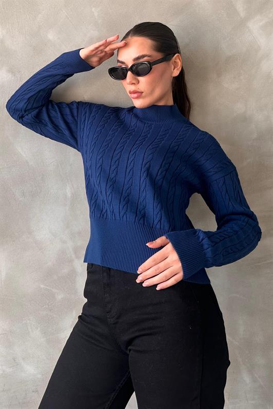 MDX Indigo Half Fisherman Collar Braided Knit Women's Sweater MG2257 - Bay City