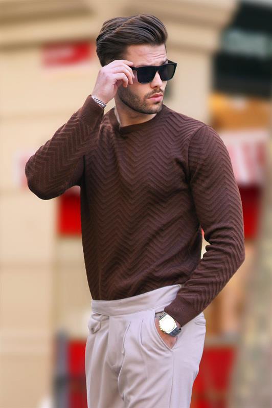 MDX Brown Bicycle Collar Herringbone Patterned Long Sleeve Knitted Sweater 7219 - Zacatelco