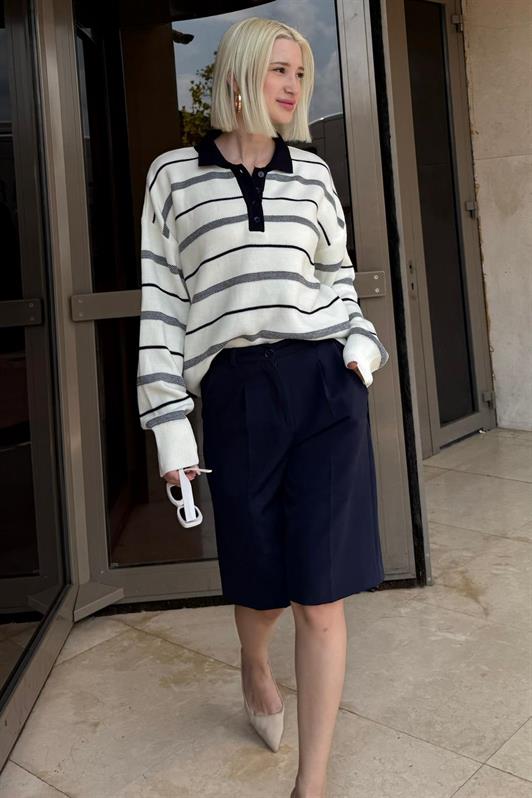 MDX Kemik Rengi Çizgili Polo Yaka Kadın Kazak Mg2476 - Atascocita