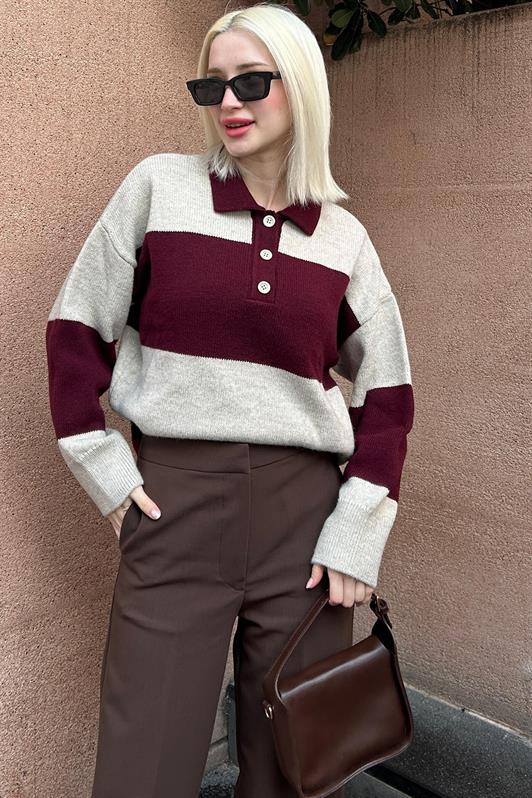 MDX Burgundy Buttoned Polo Neck Striped Women's Sweater Mg2286 - Montclair