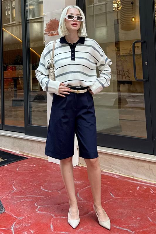 MDX Kemik Rengi Çizgili Polo Yaka Kadın Kazak Mg2476 - Atascocita