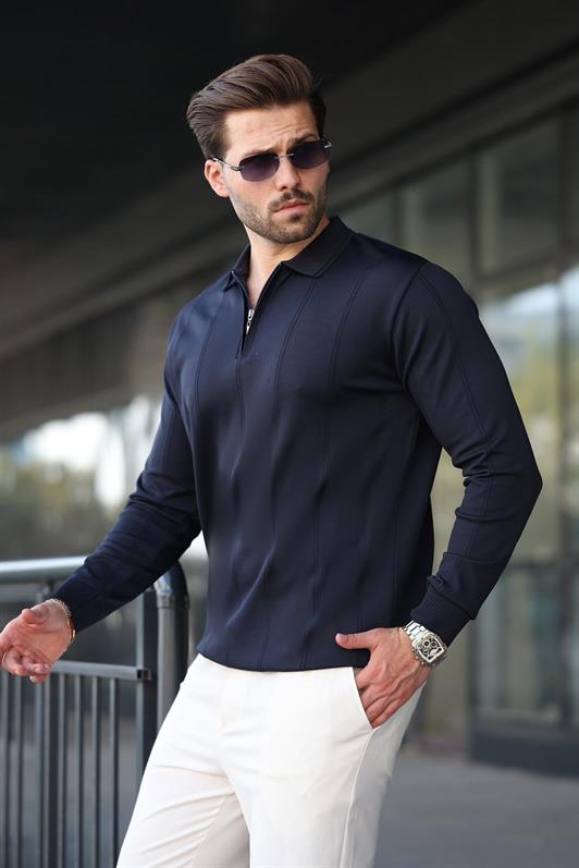 MDX Navy Blue Polo Neck Zippered Men's Sweater E7427 - Hemet